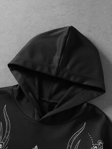 ROMWE MEN طقم هودي وسويت شيرت رجالي بطبعة جمجمة داكنة ولفائف بأسلوب ستريت وير بصري - الأسود - مشاهدة 6