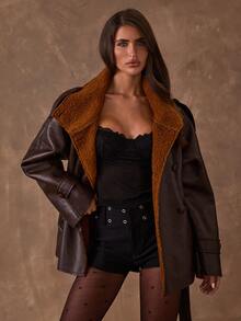 SHEIN BAE Women's Autumn Fashion Vintage Double-Breasted Jacket - Coffee Brown - View 5