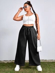 SHEIN EZwear 大尺碼女款抽繩腰休閒日常穿著牛仔褲 - 黑色 - 查看 5