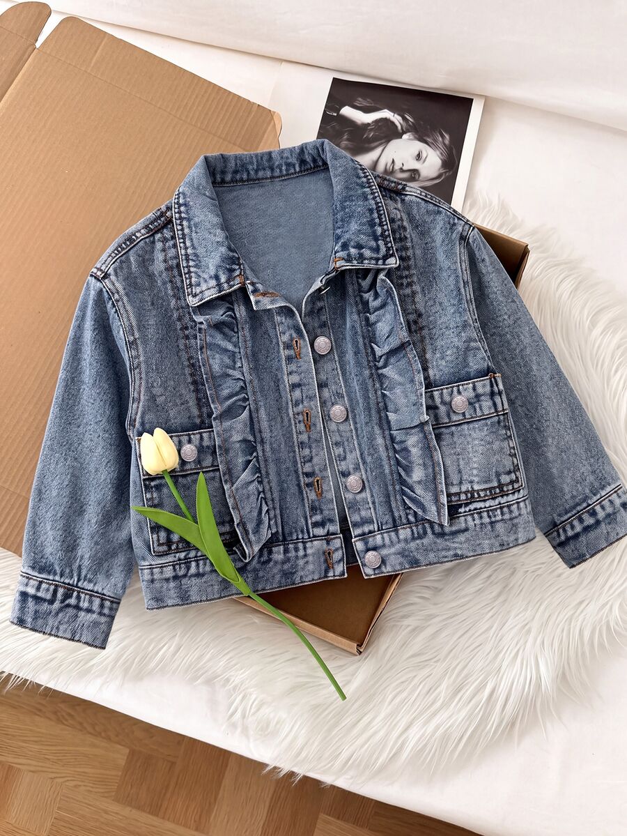 SHEIN 女童秋季休閒荷葉邊裝飾牛仔夾克 - 藍色 - 查看 1