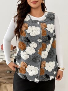 Weeklong Plus Size Sleeveless Round Neck Button-Up 3D Floral Slimming Fashion Casual Elegant Commuter Outing Jacket For Women - Multicolor - View 1