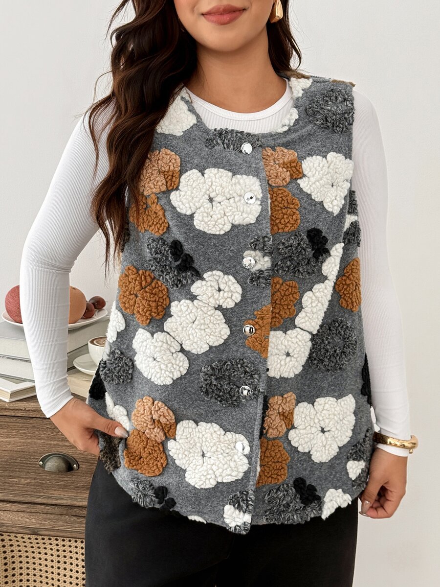 Weeklong Plus Size Sleeveless Round Neck Button-Up 3D Floral Slimming Fashion Casual Elegant Commuter Outing Jacket For Women - Multicolor - View 1