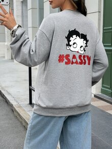 Lyckli Betty Boop x SHEIN Maternity Letter Cartoon Print Drop Shoulder Long Sleeve Casual Sweatshirt - Grey - View 1