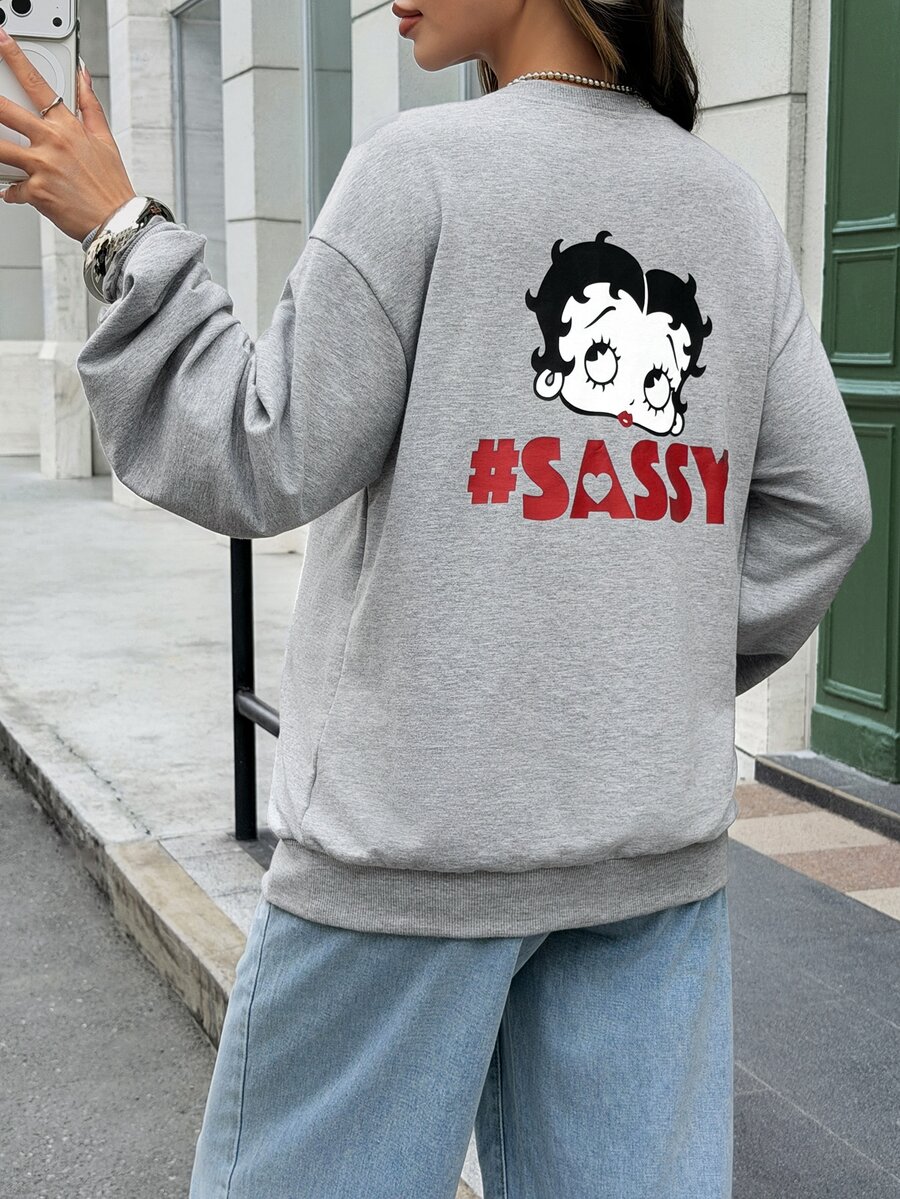 Lyckli Betty Boop x SHEIN Maternity Letter Cartoon Print Drop Shoulder Long Sleeve Casual Sweatshirt - Grey - View 1