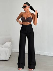 SHEIN Tall بنطلون جينز أسود طويل بخصر عالي وقصة عادية وأسلوب كاجوال وغسيل شطف وأزرار أمامية وقصة مستقيمة - الأسود - مشاهدة 7