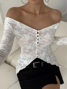 DAZY Women's Square Neck Lace Top Sexy Casual T-Shirt Fall - White - View 6