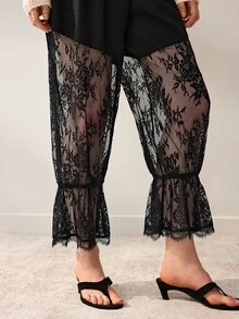 Willow Rêve Loose Black Long Pants, Floral Lace Patchwork Craft, Drawstring Waist And Sheer Flare Leg Design, Summer Bohemian Style, Suitable For Vacation, Party And Travel Wear - Black - View 5