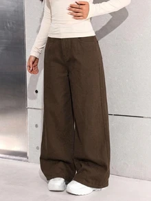 SHEIN 青少年女孩休閒百搭牛仔寬鬆闊腿長褲，附口袋 - 棕色 - 查看 4