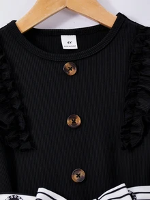 Casuvi Kids Young Girl Preppy Floral Dress, Ruffle Sleeve Stripe Skirt With Bow Fall Party Dress - Black - View 3