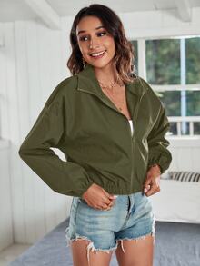 SHEIN Frenchy Jaket dengan Resleting dan Bahu Longgar untuk Musim Gugur/Dingin - Hijau Tentara - View 6