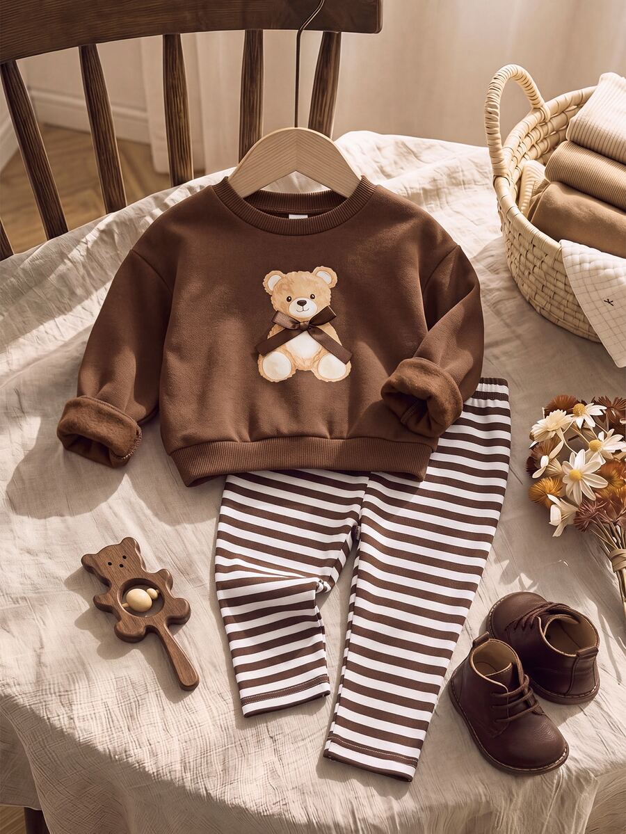 SHEIN Baby Girls Cute Casual Knit Cartoon Bear Pattern Sweatshirt And Elastic Waist Long Pants Set - Brown - View 1
