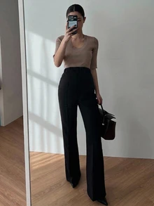 DAZY 純色鬆緊腰寬鬆長褲 休閒日常 春秋孕婦褲 - 黑色 - 查看 3
