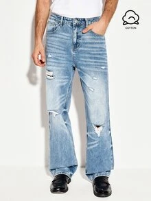 Colvenic Manfinity 男士復古淺色水洗磨損直筒牛仔褲，橫向貓鬚破洞寬鬆版型丹寧長褲，復古街頭風 - 藍色 - 查看 1
