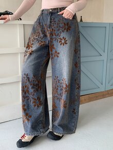 Dazy Plus Vintage Denim Flocked Heavy-Duty Loose Casual Curved Leg Long Jeans, Spring Autumn All-Season - Medium Wash - View 7