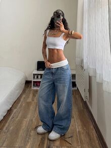 Rivivi 女款摺腰口袋寬腿寬鬆休閒牛仔褲 - 藍色 - 查看 4