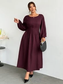 Firerie Plus Size Vintage Fashion Ruched Waist Long Sleeve Dress - Red Violet - View 6