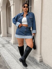 SHEIN ICON Plus Size Women's Casual Daily Pocket Button Half-Length Skirt - Medium Wash - View 4