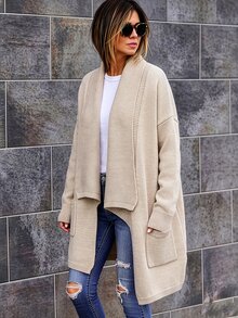 Wandoria Women's Autumn New Single Piece Lapel Hem Split Design Pocket Versatile Loose Regular Fit Solid Color Daily Commute Elegant High-End Knit Cardigan Top - Apricot - View 5