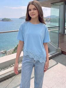SHEIN Sparklyn 青少年女孩蕾絲拼接休閒百搭日常穿著T恤 - 藍色 - 查看 4