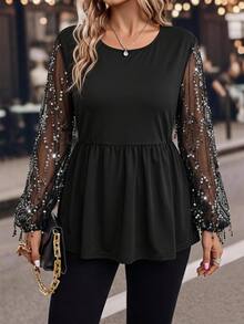 Easowa Curve Plus Size Women's Patchwork Sequin Mesh Lantern Sleeve Ruffle Hem Top - Black - View 6