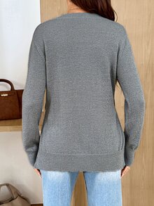SHEIN Sweater Kasual Rajut Kabel Lengan Panjang Leher Bulat Kancing Tunggal Samping untuk Ibu Hamil - Grey - View 2