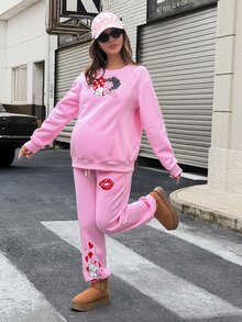 Lyckli Betty Boop x SHEIN Setelan Hamil 2 Potong: Sweatshirt dan Celana Jogging Fleece Motif Kartun - Berwarna merah muda - View 8