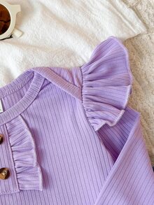 SHEIN Vintaside Kids 2件組紫色女嬰甜美花朵蝴蝶結紙袋腰傘狀袖連身衣褲套裝 秋季 - 紫色 - 查看 8