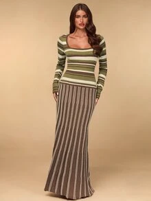 SHEIN BAE Women's Fashion Contrast Color Striped Extra Long Knit Dress - Multicolor - View 4
