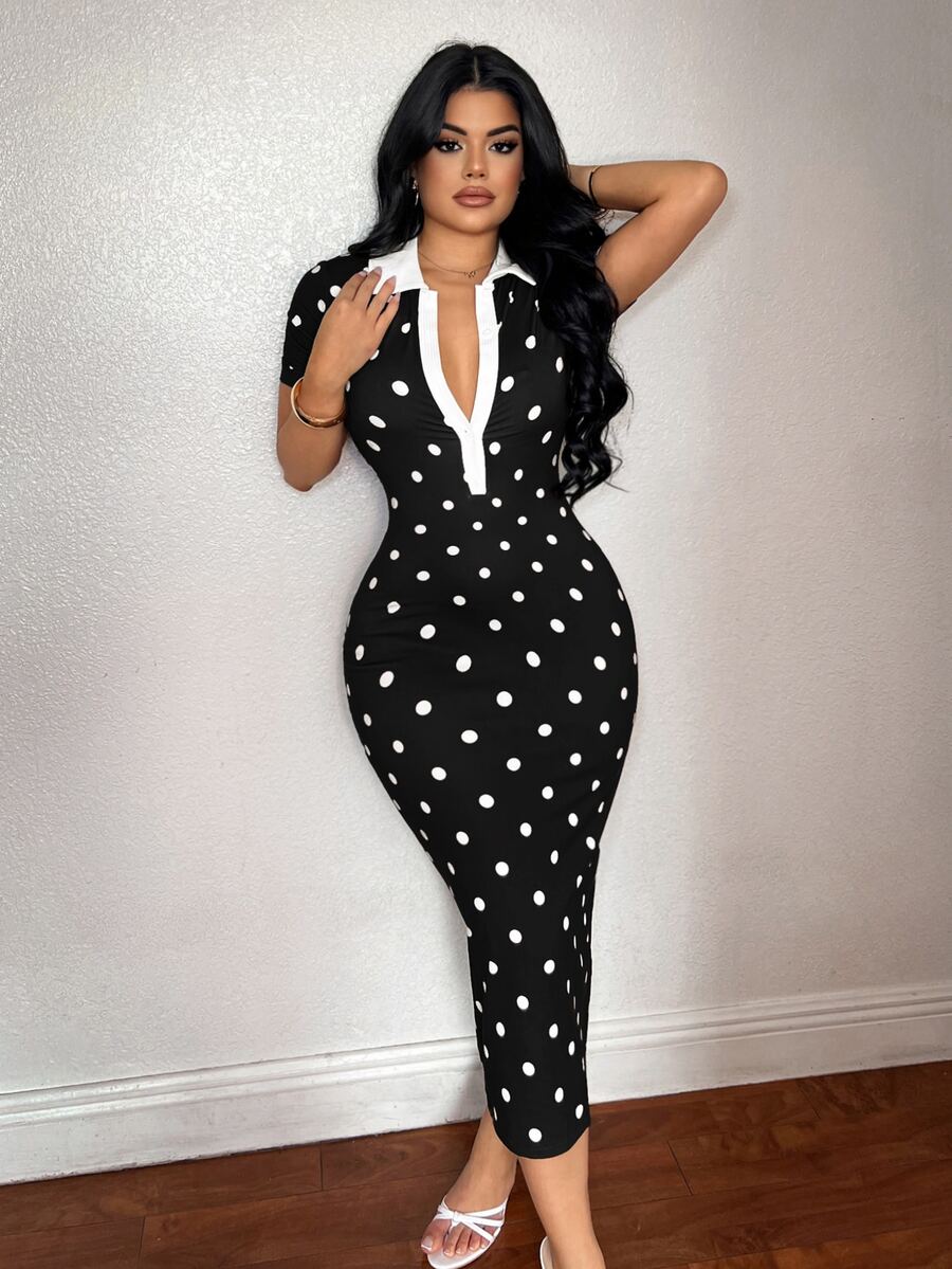 SHEIN SXY Women's Summer Casual Sexy Minimalist Fashion Commuter Brunch Style Short Sleeve Black And White Polka Dot Striped Polo Knit Dress Slim Fit Mid-Length - Black and White - View 1