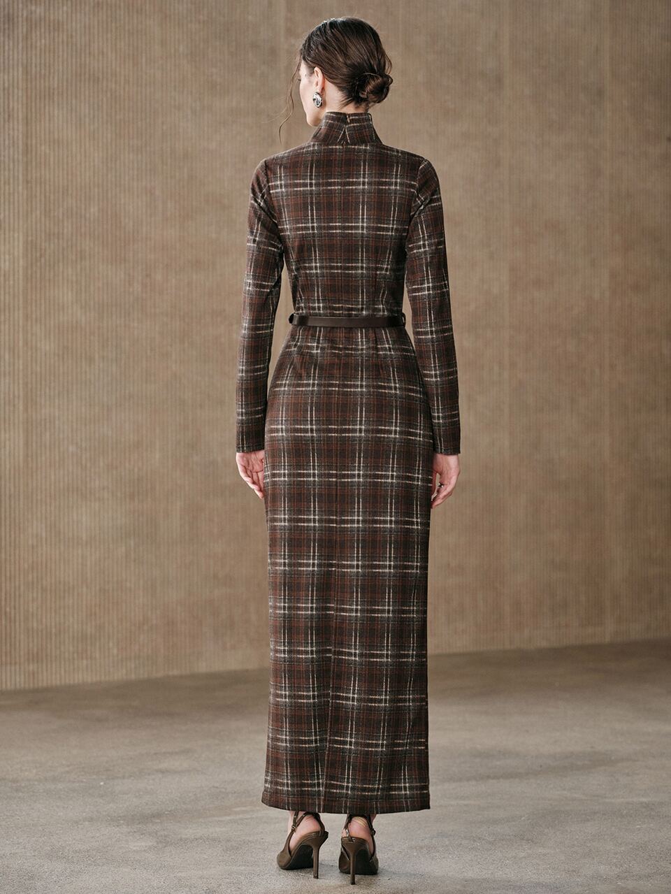 Vintage Brown Plaid High Neck Cinched Waist Belt Long Sleeve Fitted Long Bodycon Pencil Dress For Autumn/Winter
