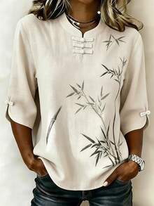 Bytebia Bytebia Fashionable Versatile Women's Bamboo Leaf Print Frog Button Blouse - Apricot - View 4