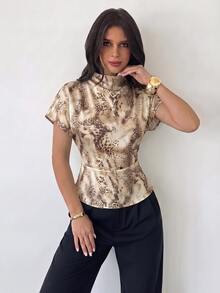 Firerie Women's Summer Ruched Collar Asymmetrical Sleeve Side Waist Ruched Slimming Commute Apricot Bamboo Linen Fabric Shirt, All Season, Classic Elegant Light Color Leopard Print - White - View 3