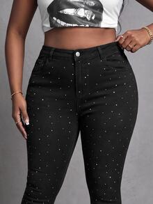 Slaydiva Plus Size Women's High Waist Skinny Denim Jeans With Speckled Rhinestone Embellishment, Black - Black - View 1