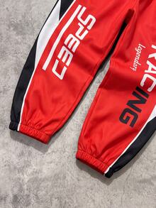 Young Boy Jacket Set, Boys Racing Theme 2 Pieces Set, Hooded Zip-Up Jacket + Jogger Pants. Red Black White Colorblock Patchwork, All-Over Racing Style Letter Print, Elastic Cuffs And Hem, Smooth Fabric, Motorcycle Style - Red - View 7