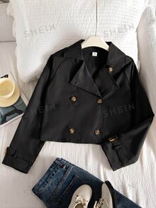 SHEIN 青少年女孩秋季拿破崙貓眼街頭風可愛雙排扣短款風衣，適合度假、日常、上班與哺乳，橄欖綠 - 黑色 - 查看 4