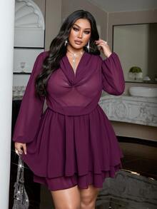 NU&NOW Gaun Pesta Elegan Bergaya Prancis, Model Kerah Berkerut Semi-Transparan, Lengan Panjang, Bahan Chiffon, Cocok untuk Wanita Ukuran Plus di Awal Musim Gugur, Cocok untuk Kencan dan Aktivitas Luar Ruangan. - Purple - View 7