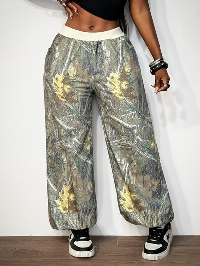 Mistrie Vintage Leaf Camo Joggers Women's Folded Waistband Loose Streetwear Y2K Realtree Print Drawstring Cuffs Sweatpants With Pockets, Autumn New Arrival