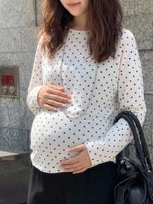 Dazy Maternity Contrast Polka Dot Loose Long Sleeve Crew Neck Casual Vacation Daily Versatile Spring Autumn Maternity T-Shirt - White - View 8