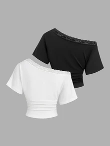 Sweetra Women's 2 Pieces Top Set, Asymmetrical Shoulder Neckline, Lace Patchwork, Slimming, Elegant, Vacation Style - Black - View 2