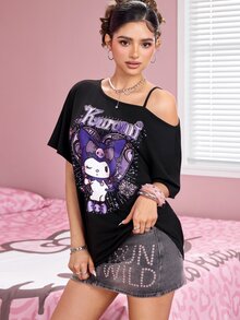 HELLO KITTY AND FRIENDS | SHEIN Women's Summer Casual Cartoon Print Asymmetric Collar T-Shirt - Black - View 8
