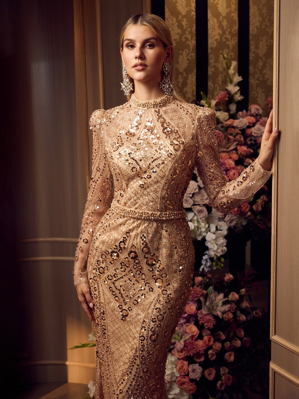 MOTF Soiréza CHIC STAND COLLAR LONG SLEEVE BEADED MAXI DRESS FOR EVENING PARTY GOWN POPULAR FOR FORMAL ACTIVITIES