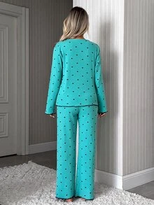 SHEIN Cotton Rib 2pcs Mint Heart Long Sleeve Contrast Lace Sleep Tee Long Pants Casual Lounge Pajama Set - Mint Green - View 2