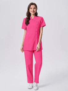 Scrubzie 抗皺立領短袖多鈕扣女款洗滌護理制服上衣與長褲2件套 - 玫紅色 - 查看 5