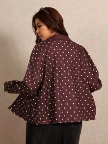 Elaquor Plus Size French Style Versatile Polka Dot Print Long Sleeve Jacket - Coffee Brown - View 3