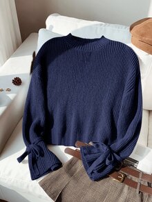 SHEIN 女童小女孩寬鬆極簡圓領長袖秋季毛衣，棕色針織羅紋蝴蝶結套頭衫，適合冬季校園返校穿搭 - 藍色 - 查看 4
