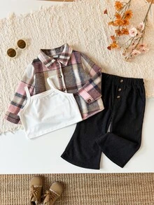 SHEIN 3件組幼女格紋襯衫背心＋喇叭褲，學院風粉色棕色黑色燈芯絨鈕扣長袖，開學季秋季假期優雅彈性套裝 - 彩色 - 查看 1