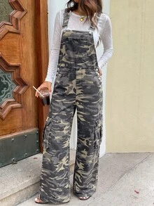 SHEIN Teen Girls Camouflage Denim Loose Overalls - Army Green - View 3