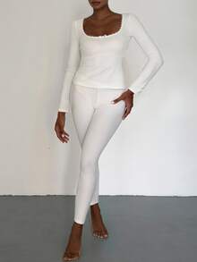 Livesso Autumn/Winter Brushed Knit Lace Trim Square Neck Slim Fit Women's Pajama Set - White - View 5