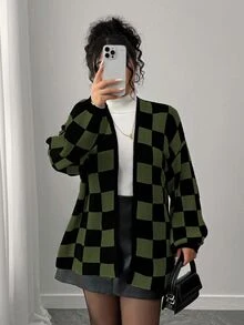 Elenzga 秋冬時尚休閒配色拼接棋盤格女款長袖寬鬆顯瘦大尺碼開襟衫，外套，度假，派對 - 墨綠色 - 查看 5