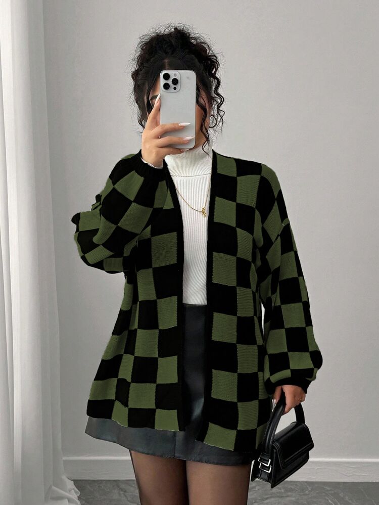 Elenzga Autumn/Winter Fashion Casual Colorblock Patchwork Checkerboard Women's Long Sleeve Loose Fit Slimming Plus Size Cardigan, Outerwear, Vacation, Party - Dark Green - View 5